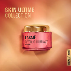 Lakme Glycolic Illuminate day creme jar with gold cap, pink jar