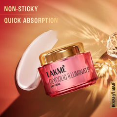 Lakme Glycolic Illuminate day creme jar with gold lid, with cream swipe