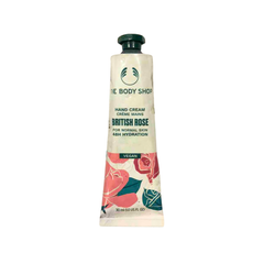 Hand cream bottle with green cap, British rose label, 30 ml
