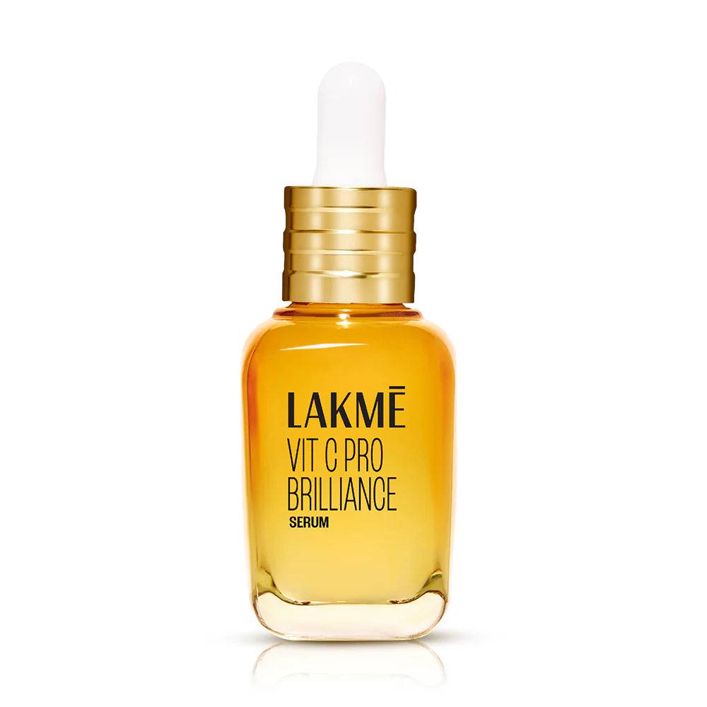 Lakme Vitamin C Brilliance serum bottle with gold cap and amber liquid, 30ml