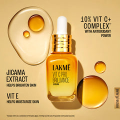 Lakme Vitamin C Brilliance serum bottle with gold cap and floating amber drops