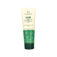 Tea tree 3-in-1 wash scrub mask tube, green cap and cream label