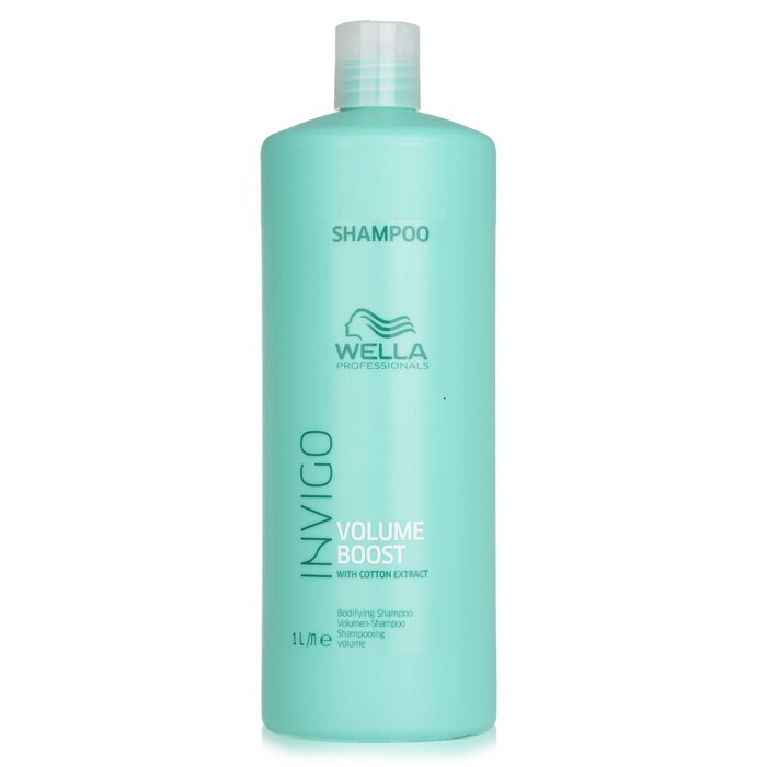 Mint green shampoo bottle with WELLA and Volume Boost label, 1L