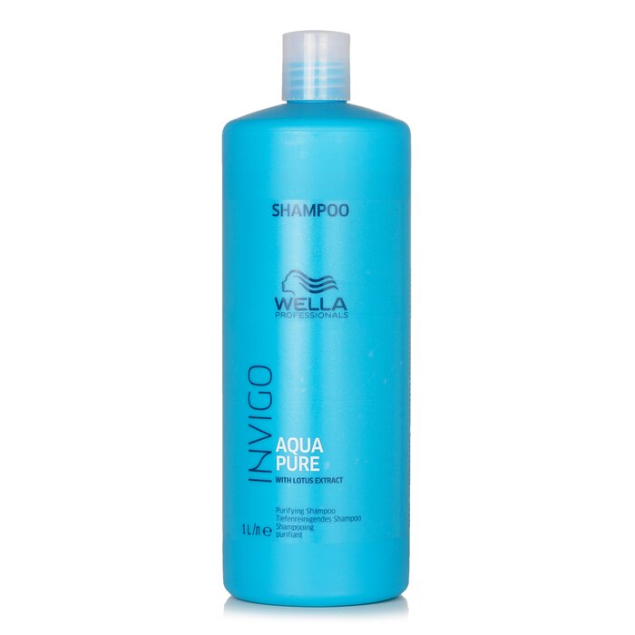 Wella Invigo Aqua Pure purifying shampoo bottle, 1L, blue