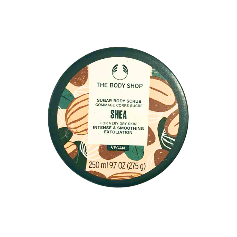The Body Shop shea sugar body scrub 250 ml tub, round container with green label