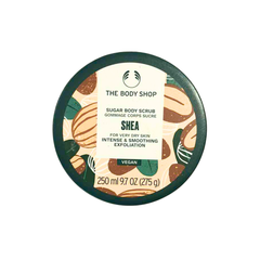 The Body Shop shea sugar body scrub 250 ml tub, round container with green label