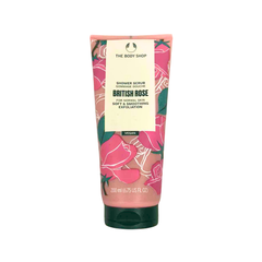 Pink shower scrub tube with flip-top cap, The Body Shop British Rose scent, 200ml