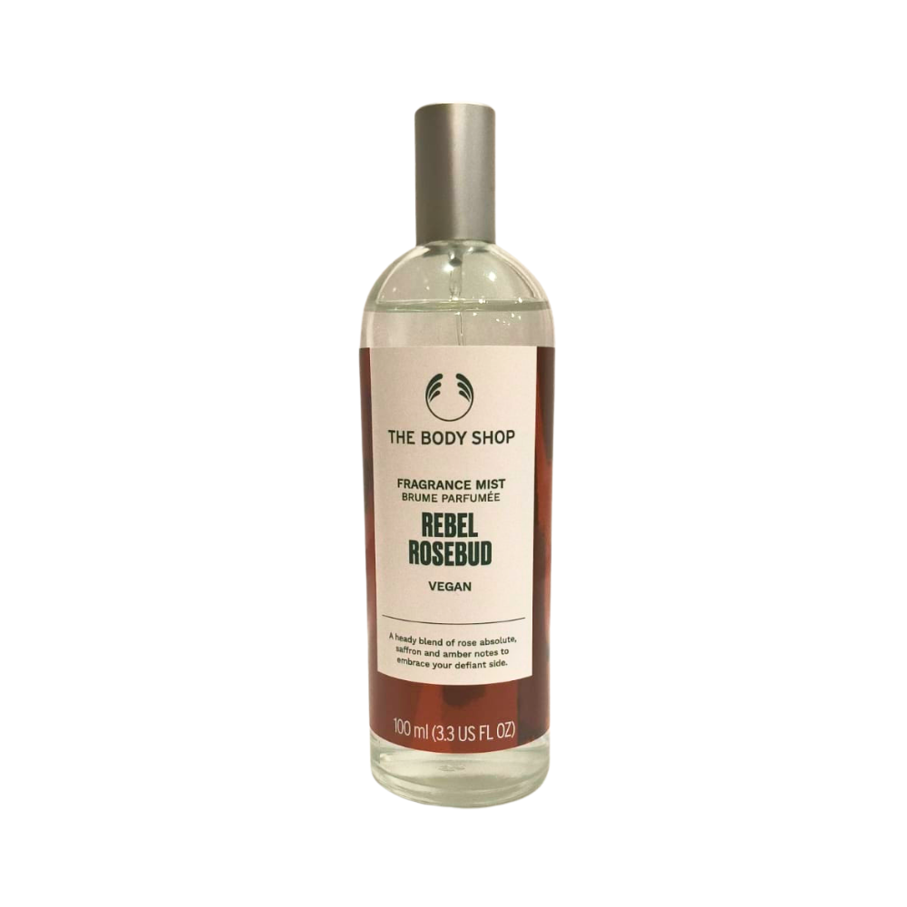 The Body Shop Rebel Rosebud body mist bottle, clear bottle with gold cap, 100 ml