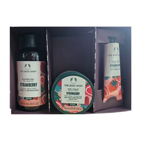Strawberry gift pack with shower gel, body scrub, and hand cream in a box.