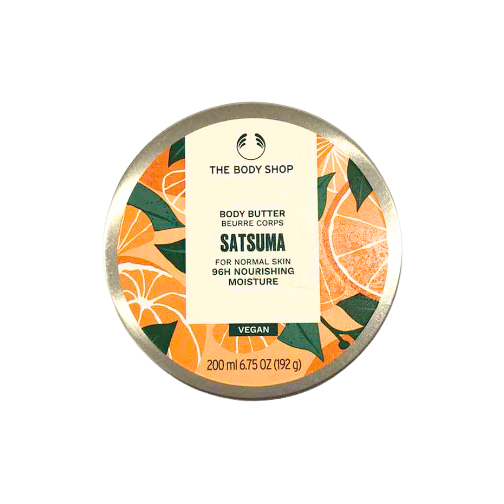 Round Satsuma body butter jar with orange and green fruit graphic label.