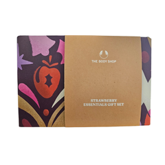 Strawberry essentials gift set box with The Body Shop branding and decorative cover.