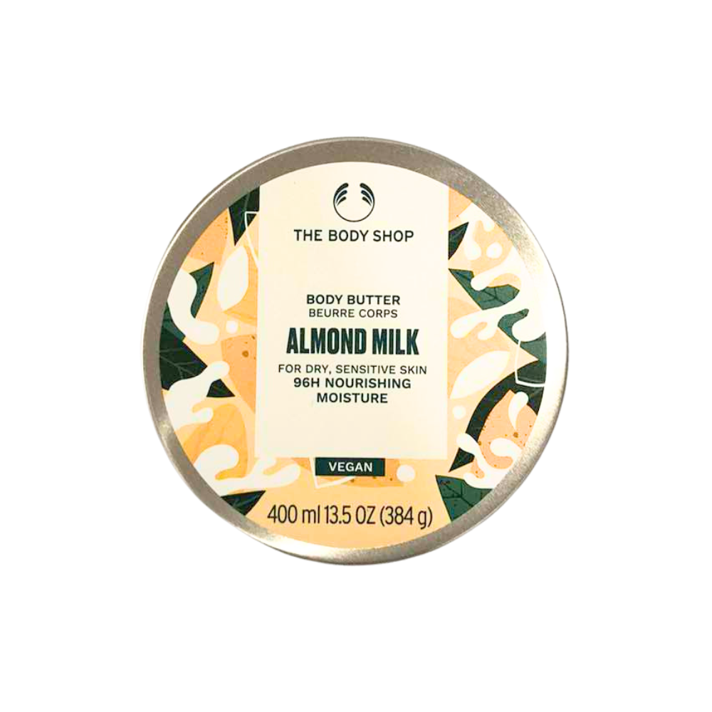 The Body Shop almond milk body butter tin, round jar with printed label