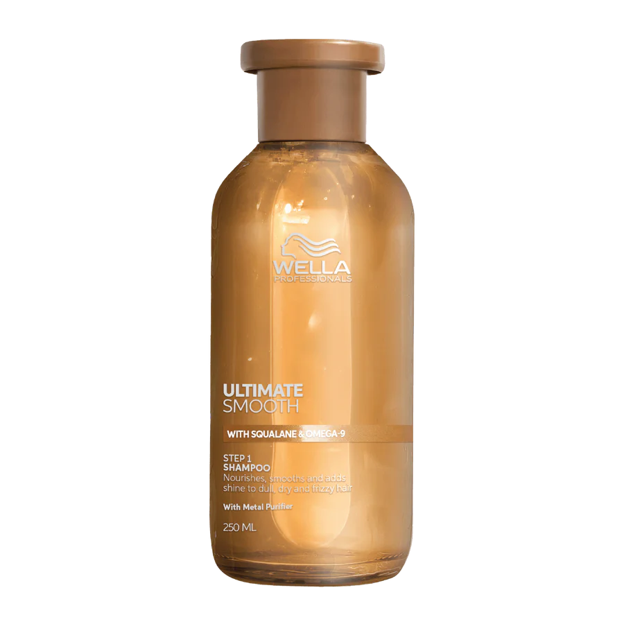 Wella Professionals Ultimate Smooth shampoo bottle, 250 ml, amber bottle with cap