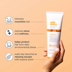 Milk_shake moisture & more conditioner tube held beside benefit icons and text