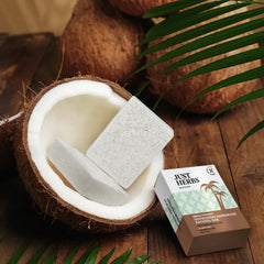 Speckled off-white handmade bath bar beside a coconut half and green palm leaves.