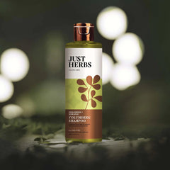 Just Herbs Volumising Shampoo bottle with fenugreek and shikakai, green