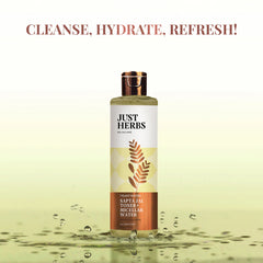 Just Herbs toner + micellar water bottle with water droplets, olive glass, gold cap