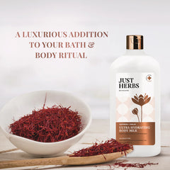 Body milk bottle with bowl of saffron threads and loose strands