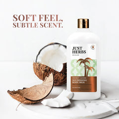 Nourishing body milk bottle with copper cap, with coconut half and flakes.
