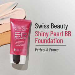 Shiny Pearl BB foundation tube with pink label and silver cap, near beige swatch