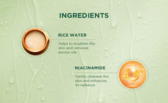 Rice water and niacinamide ingredient graphic for gel face wash