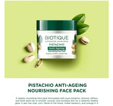 Pistachio anti-ageing nourishing face pack jar with green cap and Biotique label