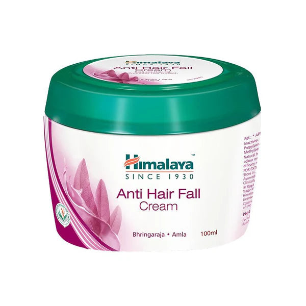 Himalaya anti hair fall cream jar, white body with green lid, pink label, 100 ml.