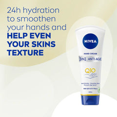 NIVEA Q10 3-in-1 anti-age hand cream tube, white with blue base