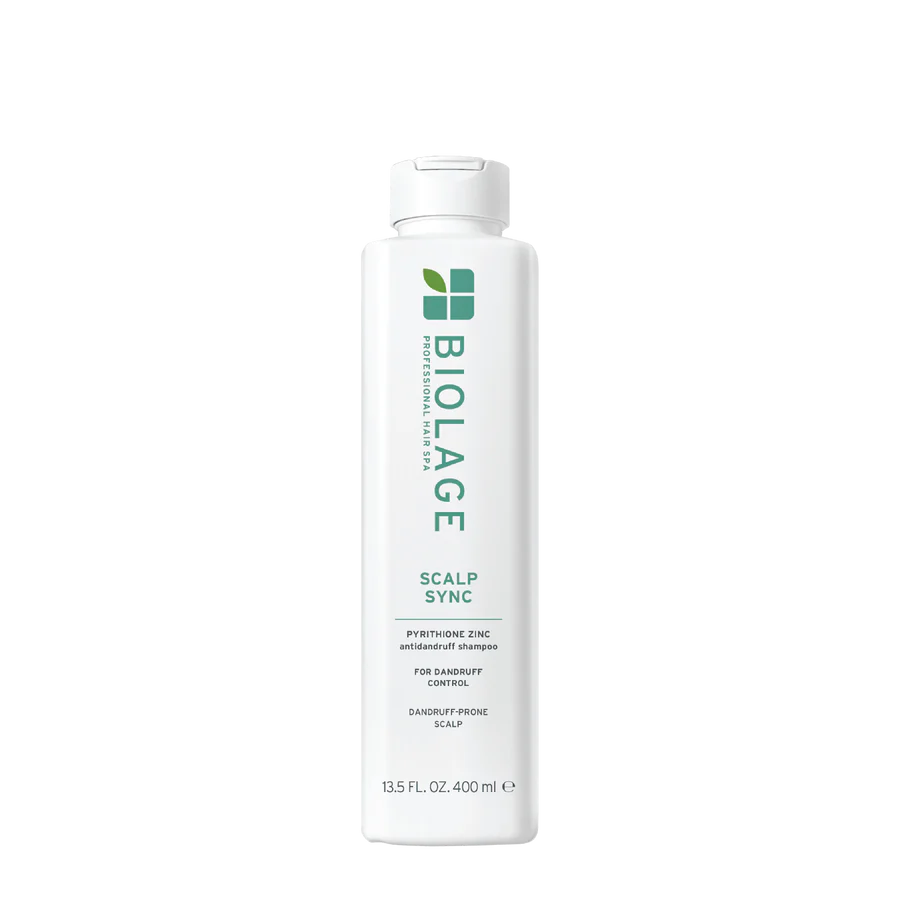 Biolage Scalp Sync anti-dandruff shampoo bottle, white plastic with pump cap