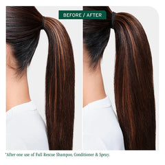 Hair conditioner before-and-after on two ponytails, before on left after on right