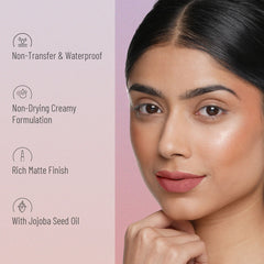 Non-transfer waterproof matte lipstick on lips, rich mulberry tone