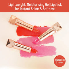 Glitter gel lipsticks with metallic tubes and pink-red swatches, two shades visible