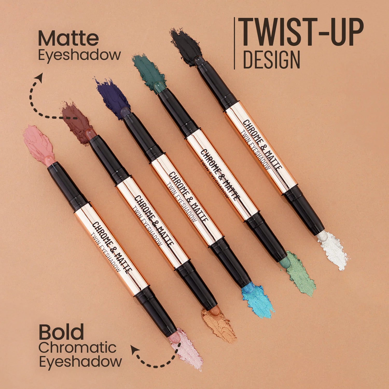 Twist-up chrome-and-matte eyeshadow sticks with colorful swatches