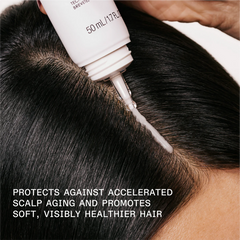 Scalp longevity treatment applicator dispensing product onto hairline and scalp