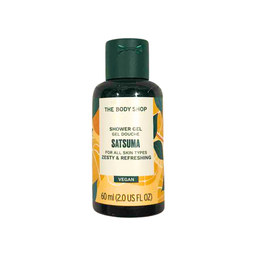 Satsuma shower gel bottle with green cap, 60 ml label