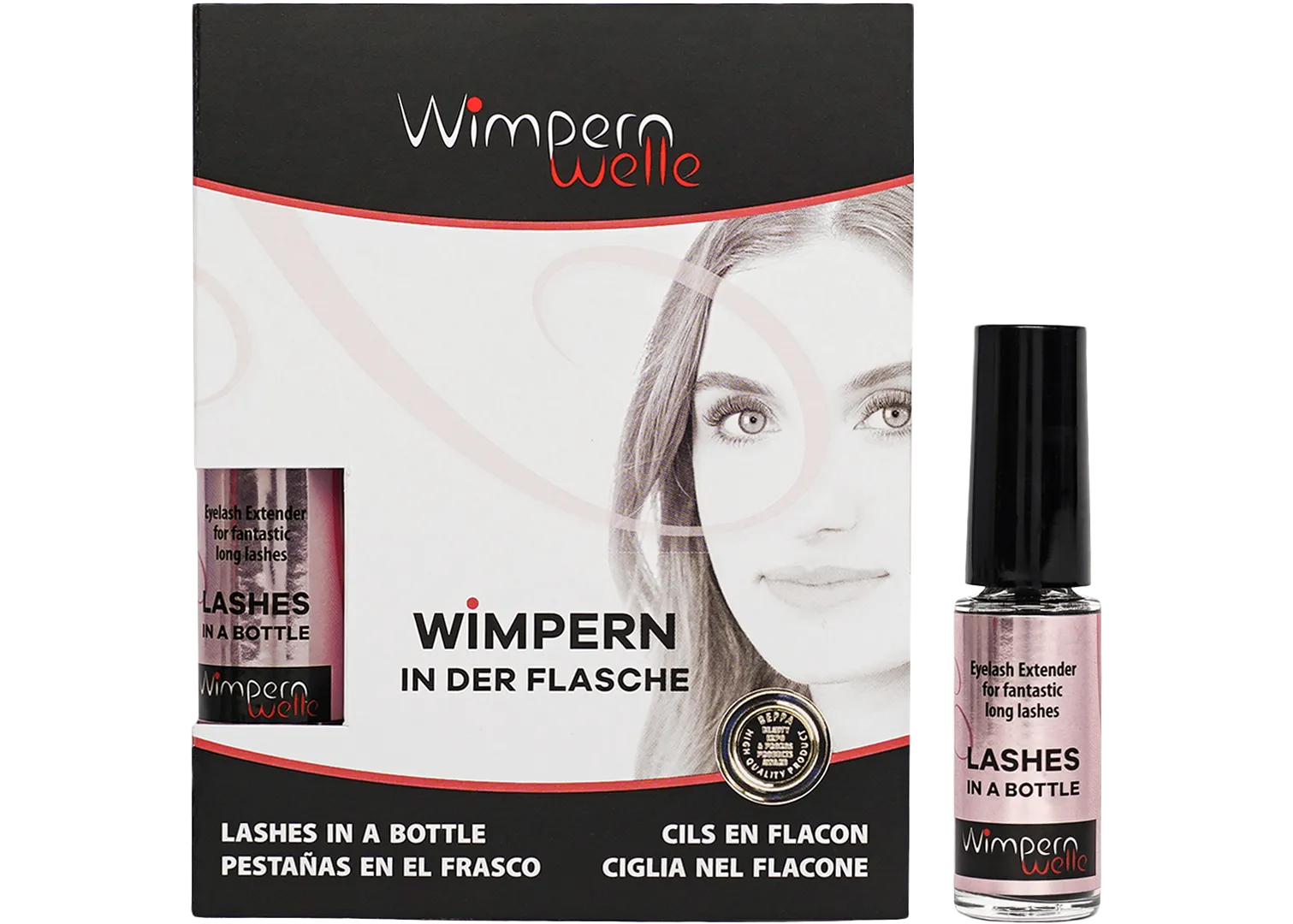 Eyelash lash extender bottle and package, dark black liquid, 8 ml