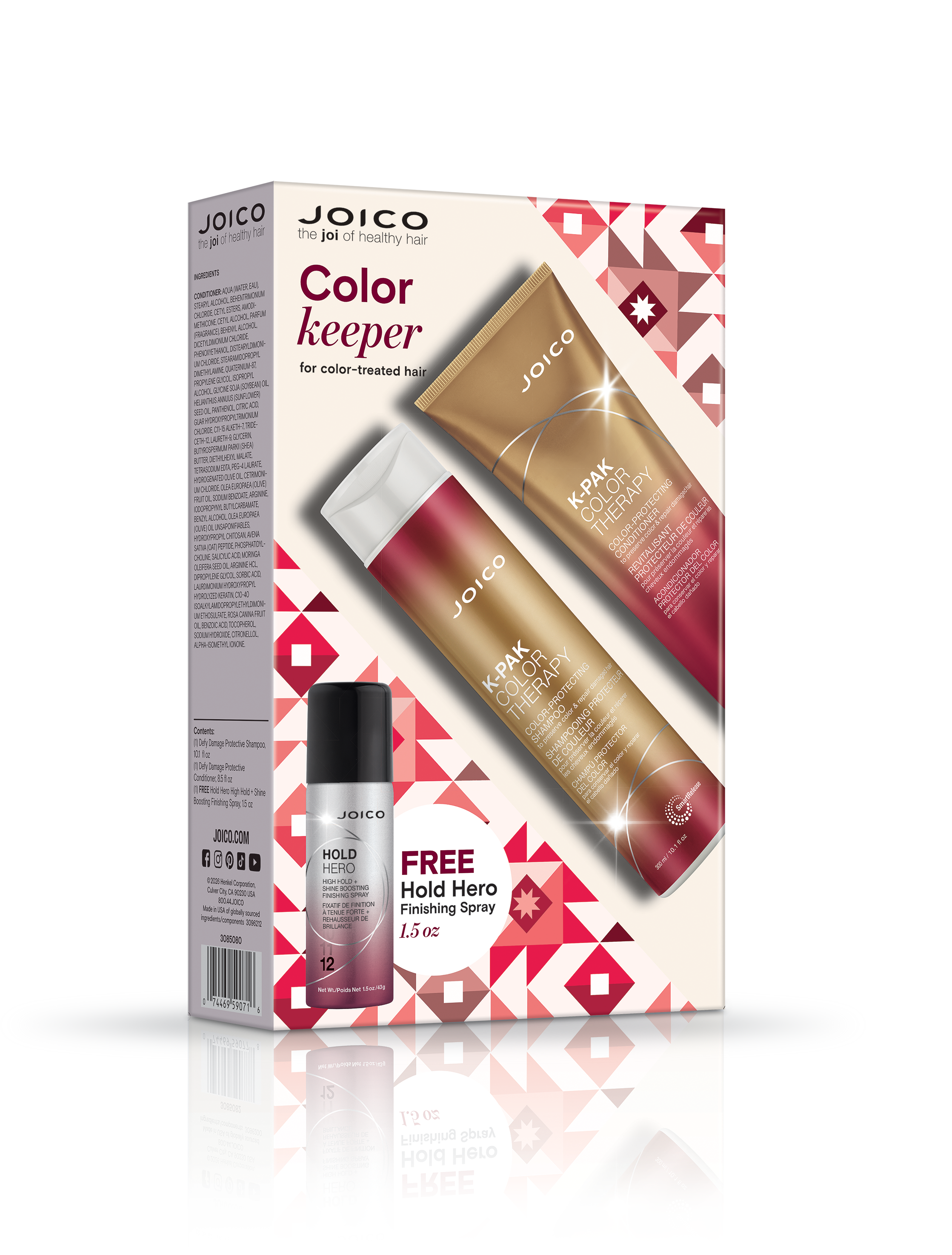 Hair care holiday duo set with color keeper shampoo, conditioner, and hold hero mini