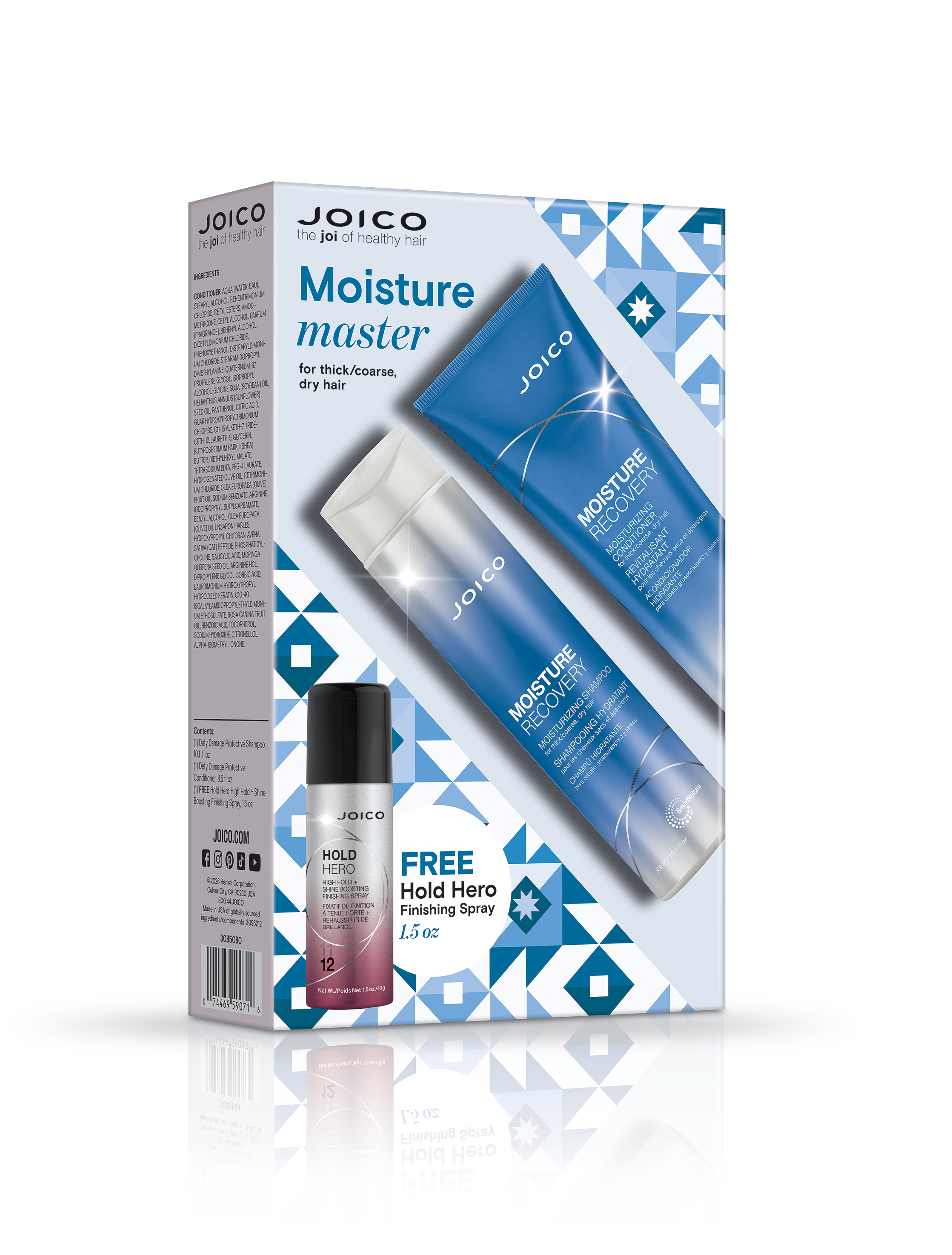 Hair care set box with shampoo, conditioner, and mini hold hero