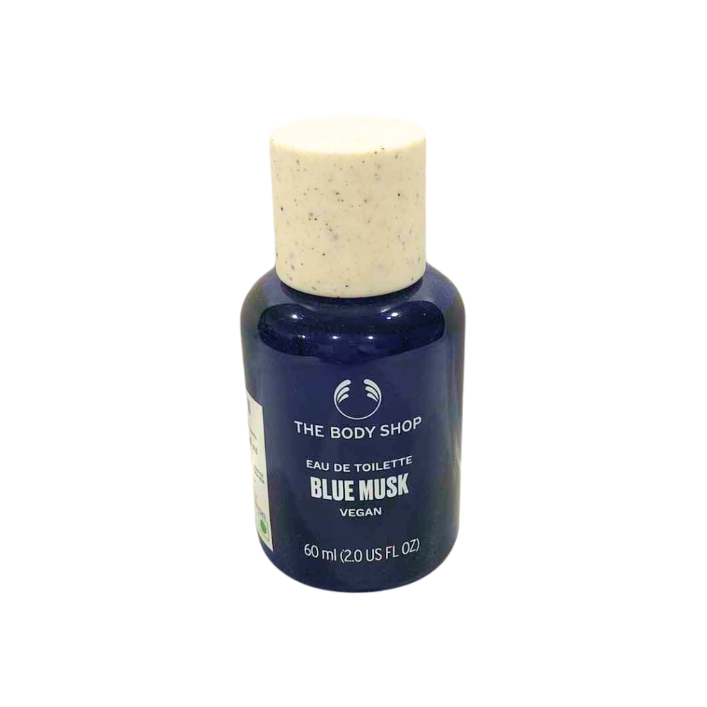 The Body Shop Blue Musk eau de toilette bottle, dark blue with cork cap and label, 60 ml