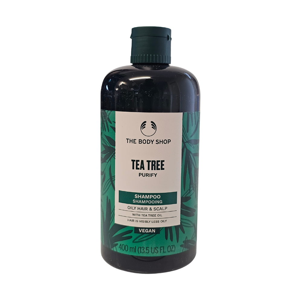 Tea tree purifying shampoo bottle with green label, 400 ml