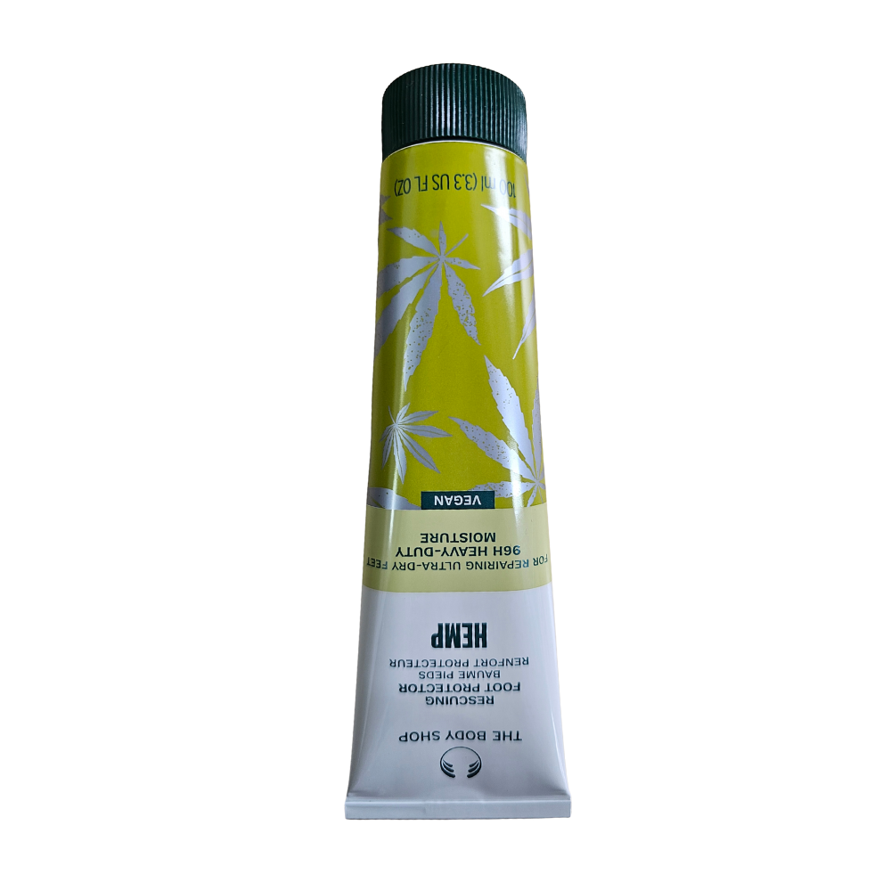Hemp foot protector tube with green cap, botanical leaf graphics, 100 ml