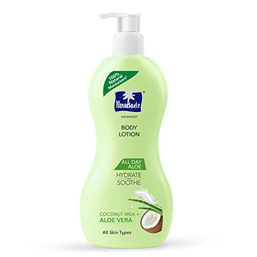 Parachute Advansed body lotion bottle with pump, light green, aloe hydrate soothe