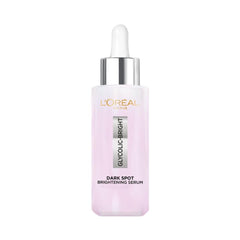 Dark spot brightening serum bottle with white dropper, pink tinted liquid, 15 ml