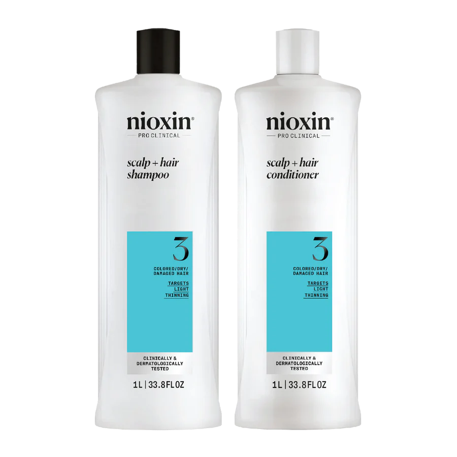 Nioxin scalp+hair shampoo and conditioner bottles, white plastic, 1 L each, set of 2