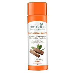 Biotique Bio Sandalwood SPF 50+ face lotion bottle with orange cap