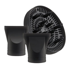 Black hair dryer rear grille with diffuser and nozzle attachments