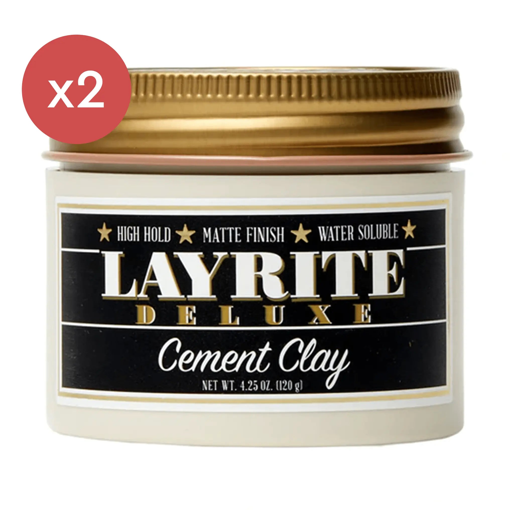 Layrite Cement Clay hair styling product jar, black and gold label, matte finish