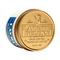 Gold round tin lid with embossed text for matte hair styling cream