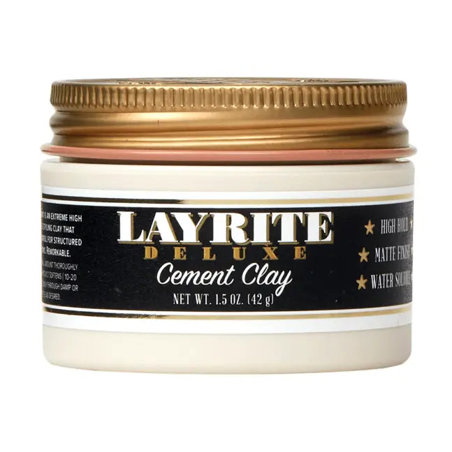 Layrite Cement Clay styling clay jar with gold screw lid and beige cream surface