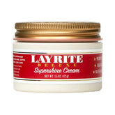 Hair shine cream jar with ribbed gold lid, Layrite Super shine cream label